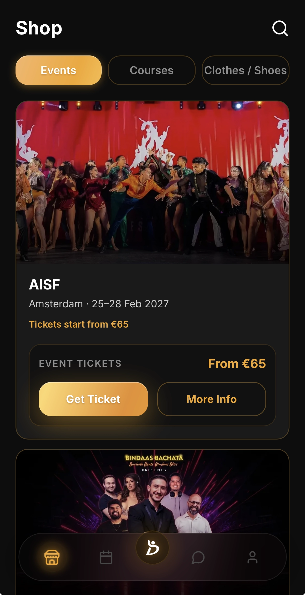 Dancify Discover screen with festival search and event cards